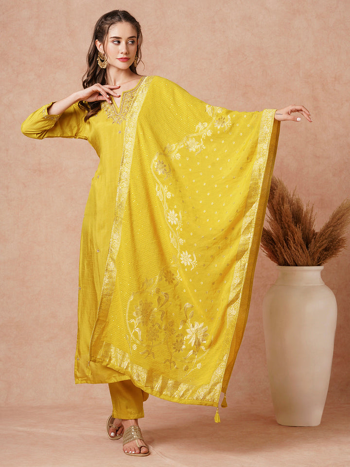 Solid Hand Embroidered Kurta with Pant & Woven Jacquard Dupatta - Mustard