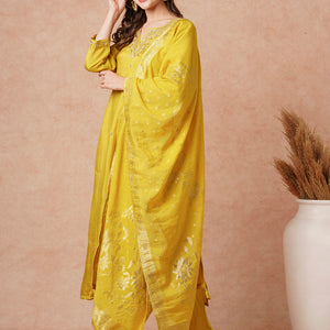 Solid Hand Embroidered Kurta with Pant & Woven Jacquard Dupatta - Mustard