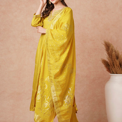 Solid Hand Embroidered Kurta with Pant & Woven Jacquard Dupatta - Mustard