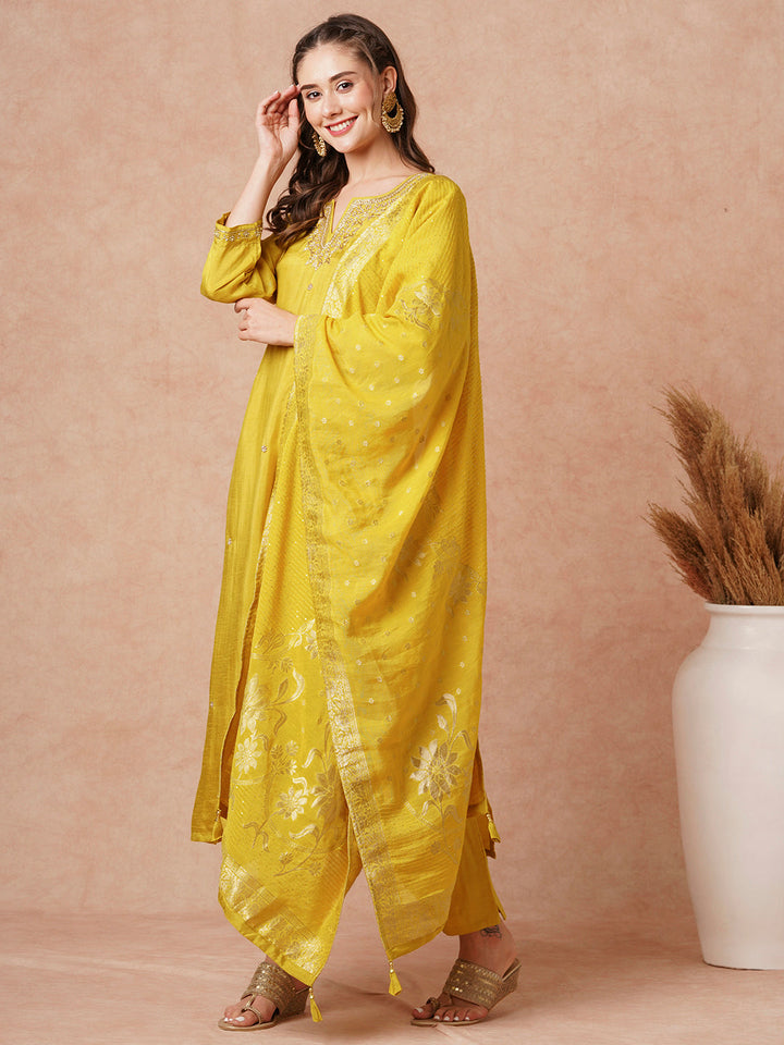 Solid Hand Embroidered Kurta with Pant & Woven Jacquard Dupatta - Mustard