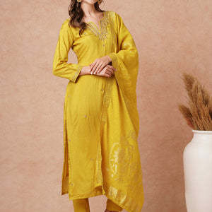 Solid Hand Embroidered Kurta with Pant & Woven Jacquard Dupatta - Mustard