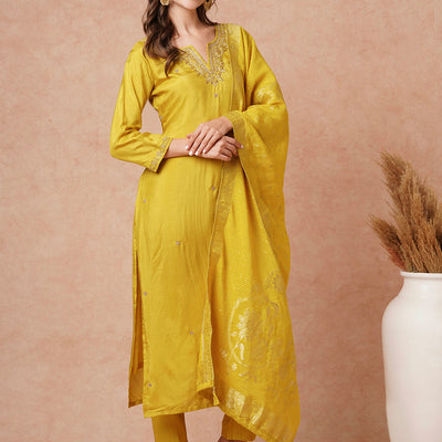 Solid Hand Embroidered Kurta with Pant & Woven Jacquard Dupatta - Mustard