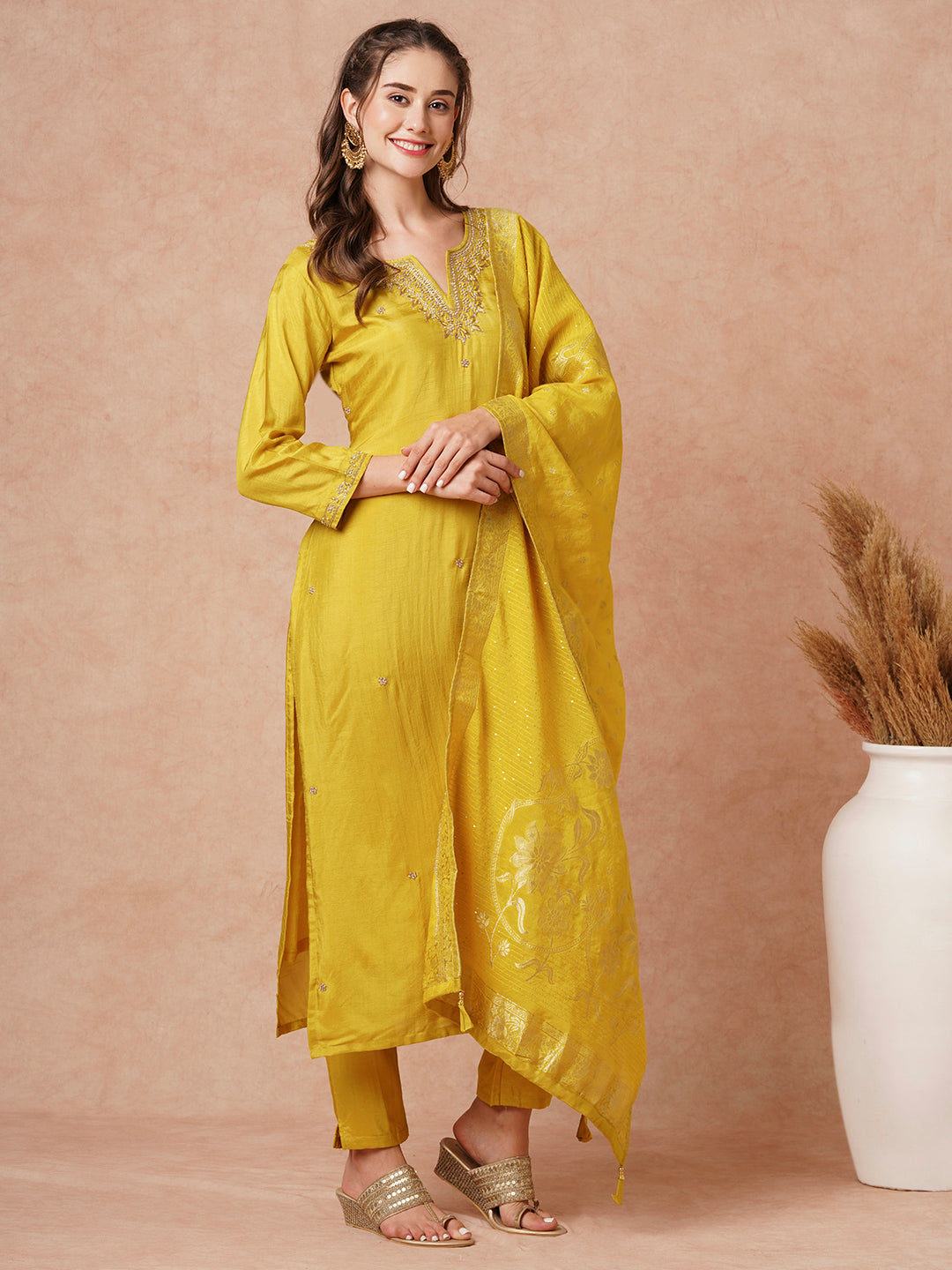 Solid Hand Embroidered Kurta with Pant & Woven Jacquard Dupatta - Mustard