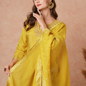 Solid Hand Embroidered Kurta with Pant & Woven Jacquard Dupatta - Mustard