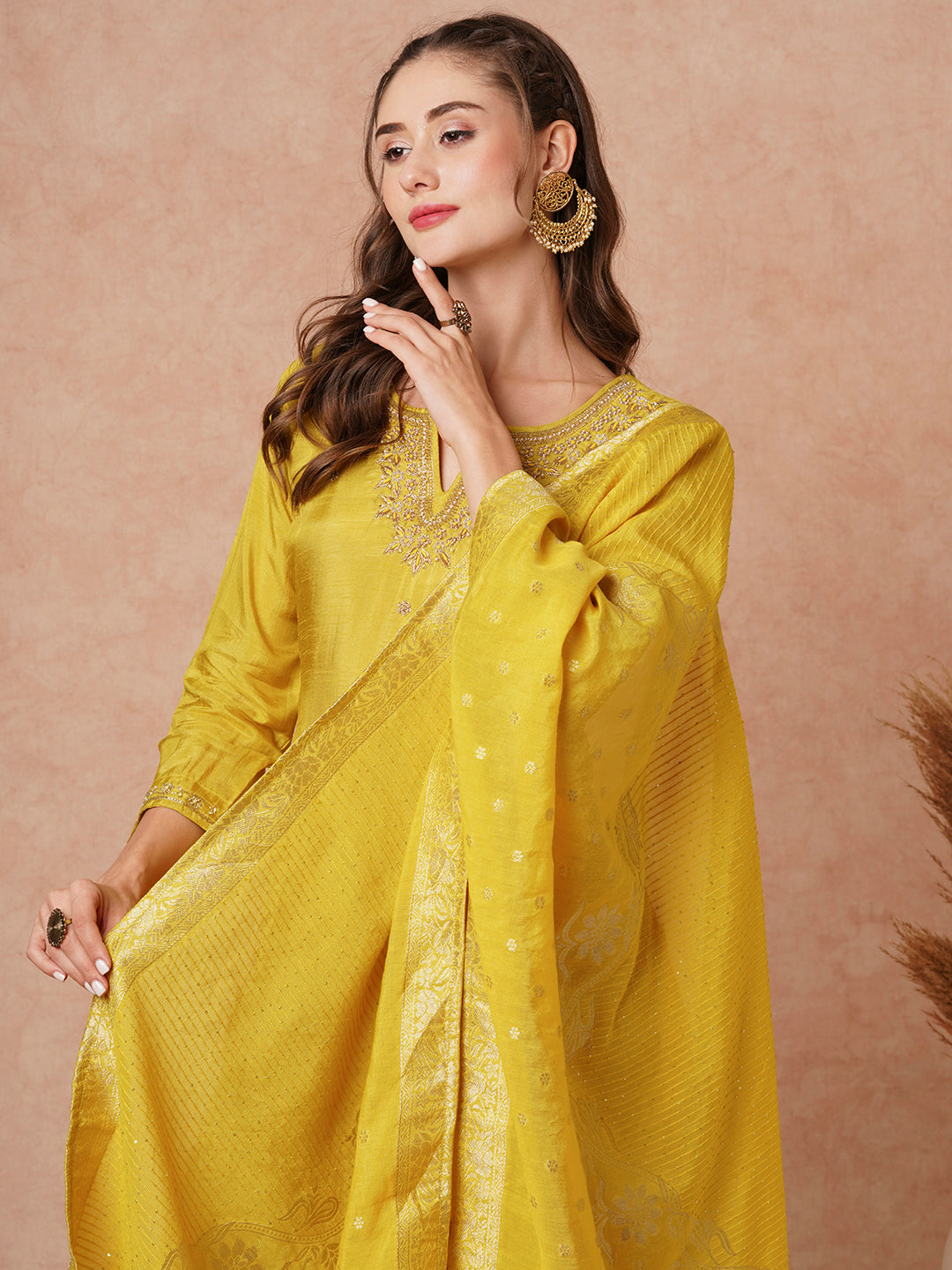 Solid Hand Embroidered Kurta with Pant & Woven Jacquard Dupatta - Mustard