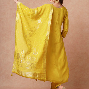 Solid Hand Embroidered Kurta with Pant & Woven Jacquard Dupatta - Mustard
