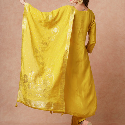 Solid Hand Embroidered Kurta with Pant & Woven Jacquard Dupatta - Mustard