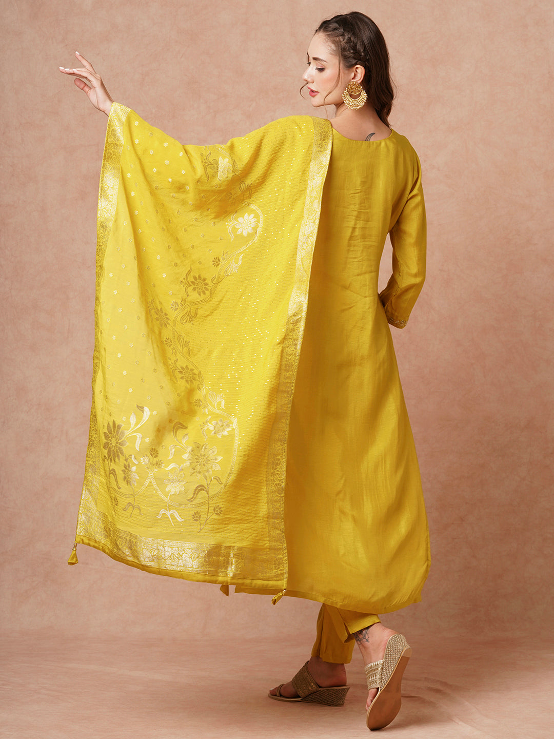 Solid Hand Embroidered Kurta with Pant & Woven Jacquard Dupatta - Mustard