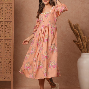 Floral Foil Printed A-Line Pleated Midi Dress - Peach