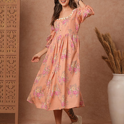 Floral Foil Printed A-Line Pleated Midi Dress - Peach