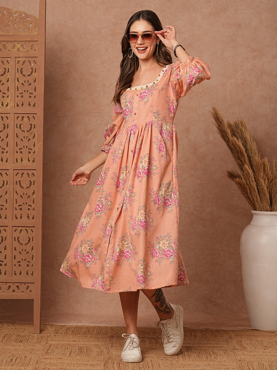 Floral Foil Printed A-Line Pleated Midi Dress - Peach