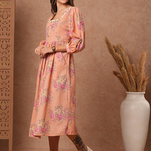 Floral Foil Printed A-Line Pleated Midi Dress - Peach