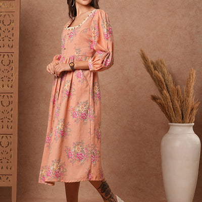 Floral Foil Printed A-Line Pleated Midi Dress - Peach