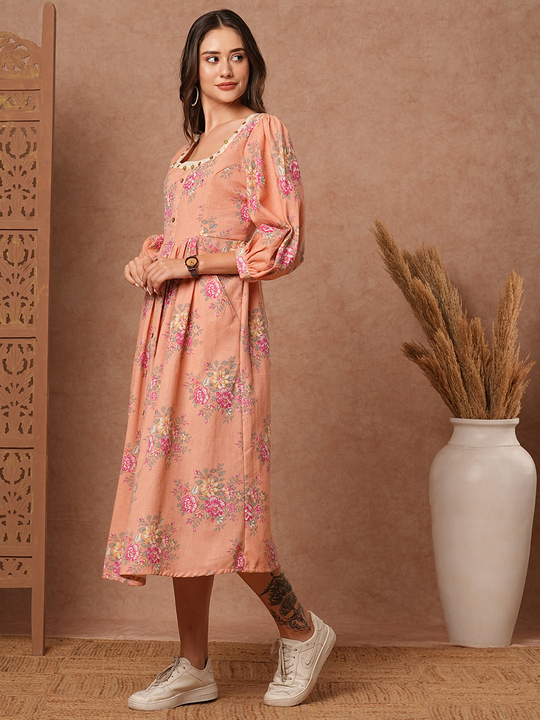 Floral Foil Printed A-Line Pleated Midi Dress - Peach