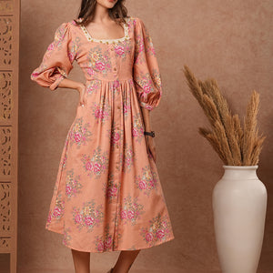 Floral Foil Printed A-Line Pleated Midi Dress - Peach