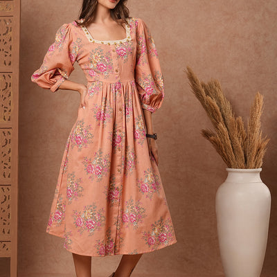 Floral Foil Printed A-Line Pleated Midi Dress - Peach