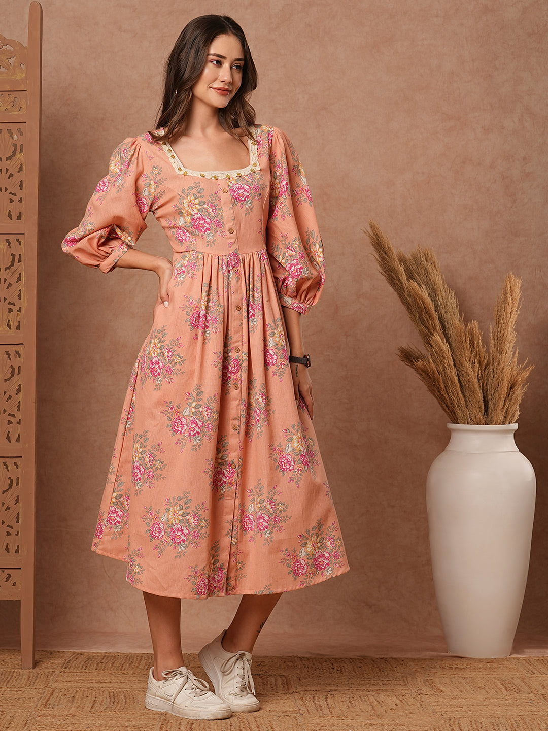 Floral Foil Printed A-Line Pleated Midi Dress - Peach