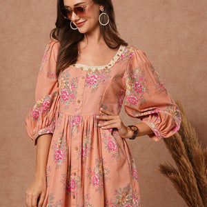 Floral Foil Printed A-Line Pleated Midi Dress - Peach