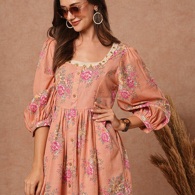 Floral Foil Printed A-Line Pleated Midi Dress - Peach