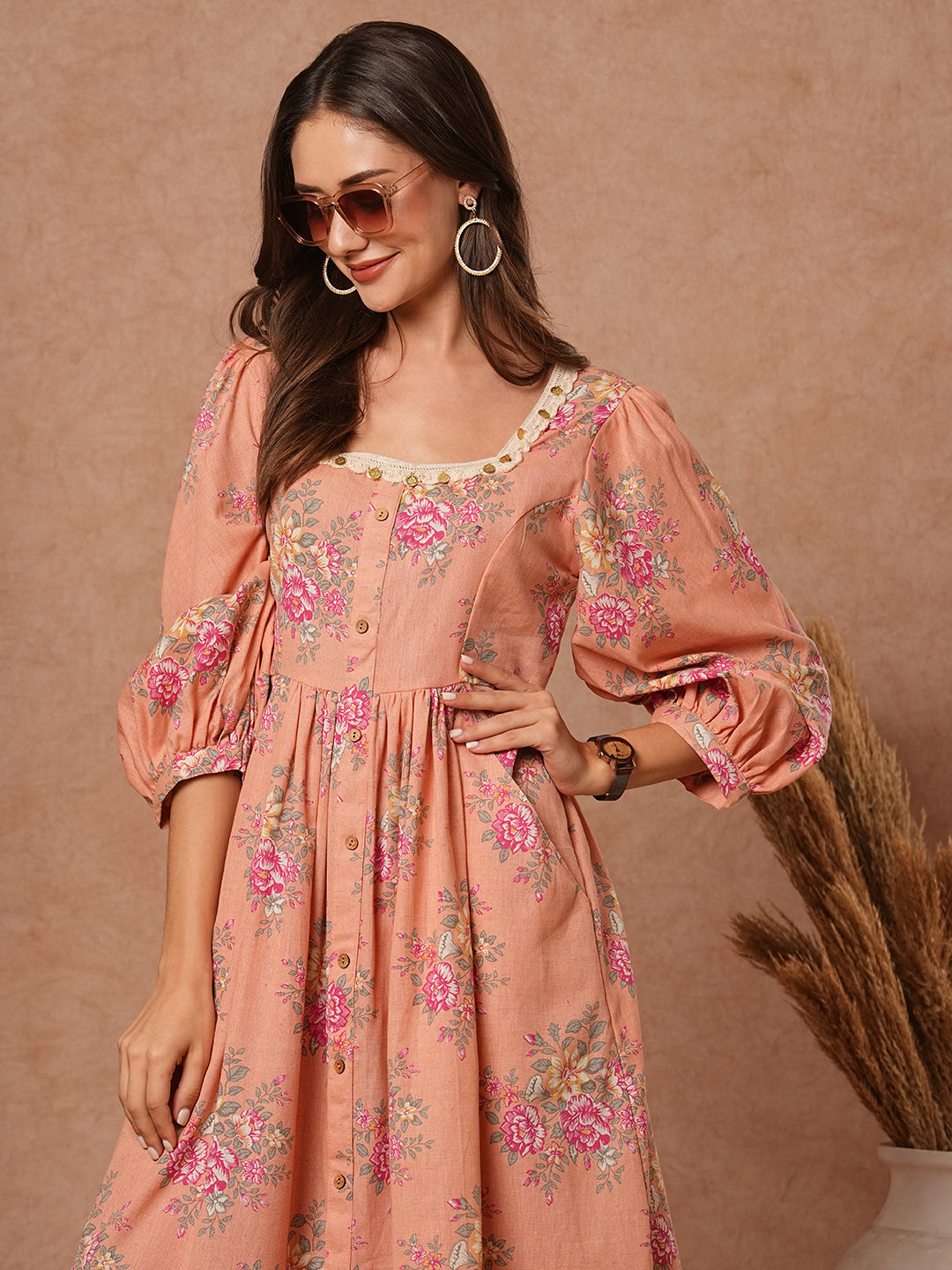 Floral Foil Printed A-Line Pleated Midi Dress - Peach