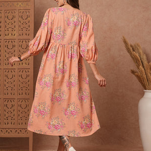Floral Foil Printed A-Line Pleated Midi Dress - Peach