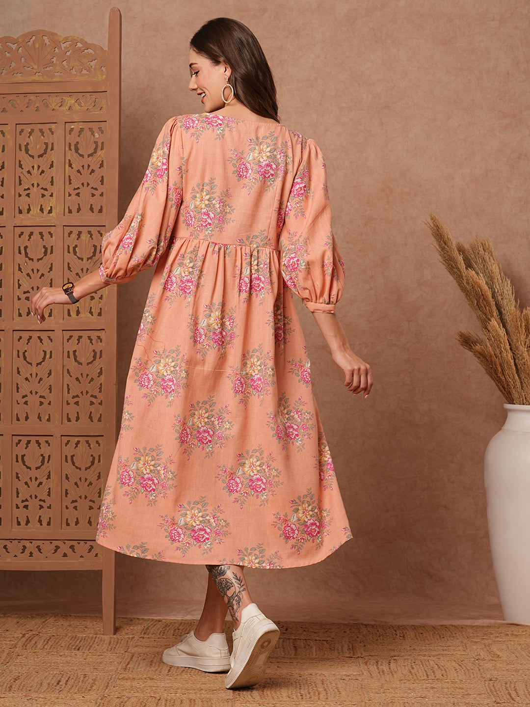 Floral Foil Printed A-Line Pleated Midi Dress - Peach