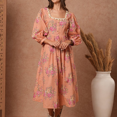 Floral Foil Printed A-Line Pleated Midi Dress - Peach