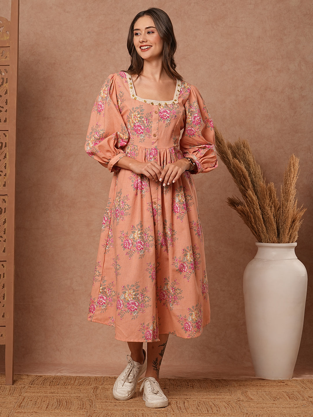 Floral Foil Printed A-Line Pleated Midi Dress - Peach