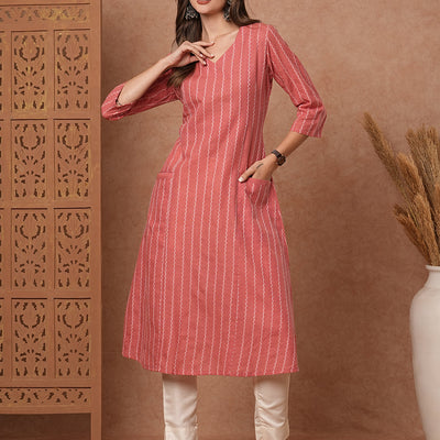 Woven Striped Pocket Detailing Paneled A-line Midi Dress - Pink