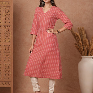 Woven Striped Pocket Detailing Paneled A-line Midi Dress - Pink