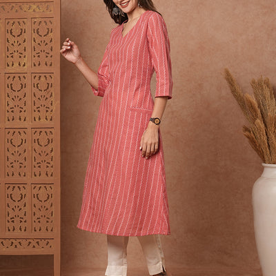 Woven Striped Pocket Detailing Paneled A-line Midi Dress - Pink