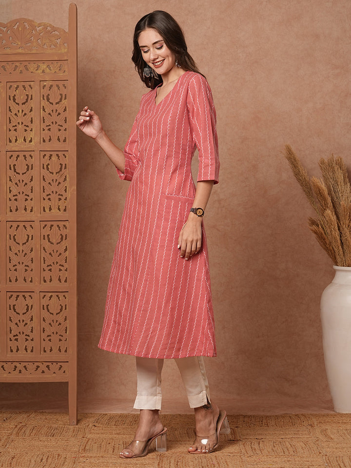 Woven Striped Pocket Detailing Paneled A-line Midi Dress - Pink