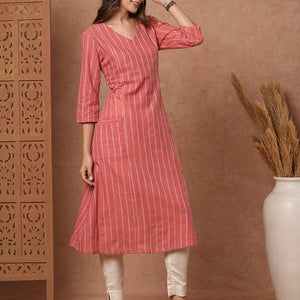 Woven Striped Pocket Detailing Paneled A-line Midi Dress - Pink