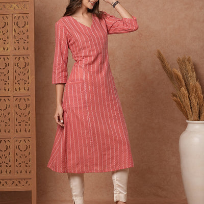 Woven Striped Pocket Detailing Paneled A-line Midi Dress - Pink