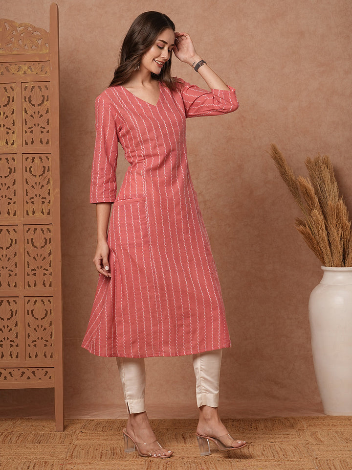 Woven Striped Pocket Detailing Paneled A-line Midi Dress - Pink