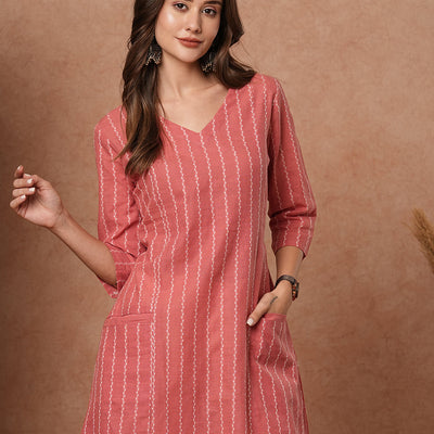 Woven Striped Pocket Detailing Paneled A-line Midi Dress - Pink