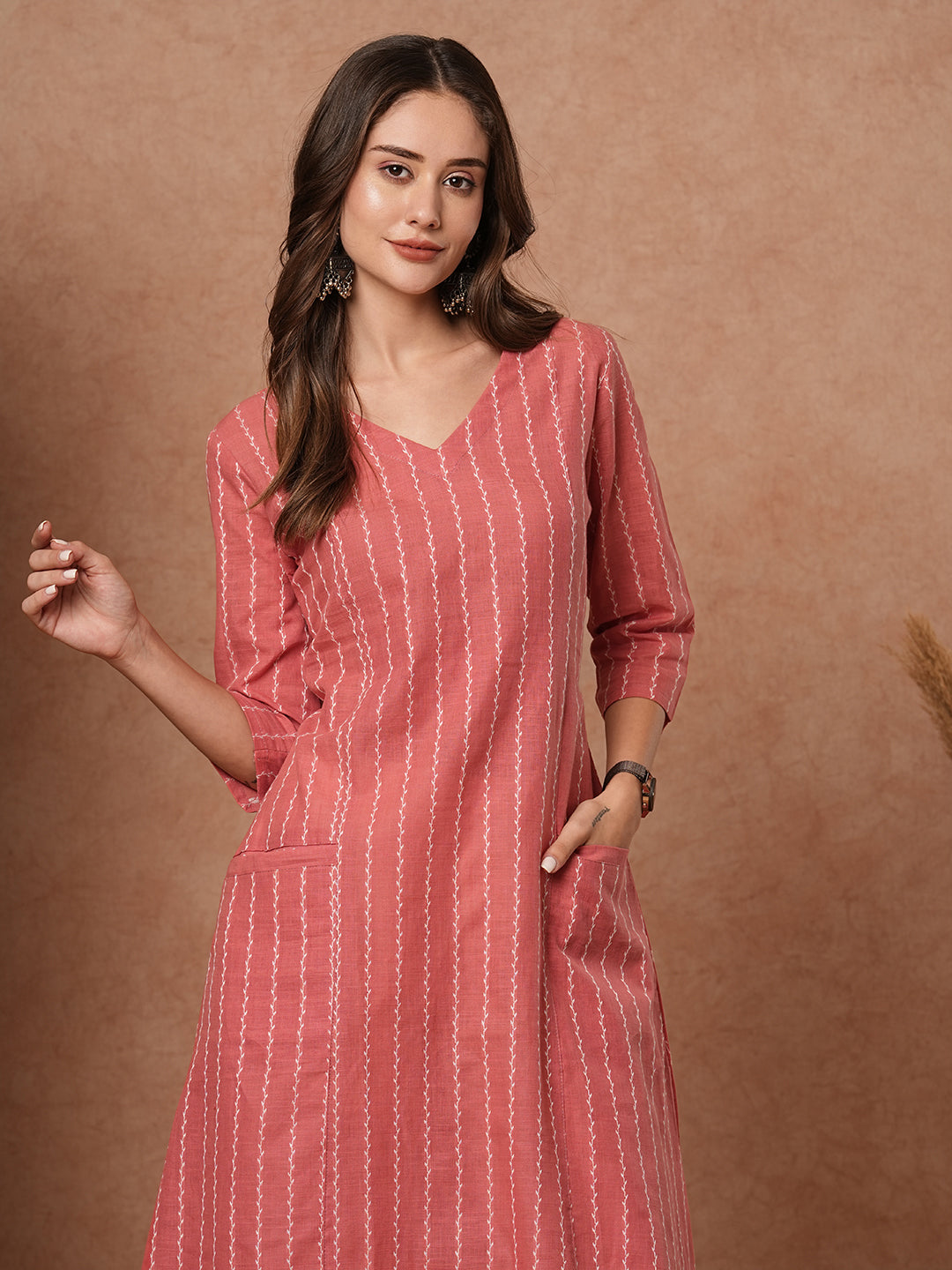 Woven Striped Pocket Detailing Paneled A-line Midi Dress - Pink