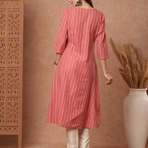Woven Striped Pocket Detailing Paneled A-line Midi Dress - Pink
