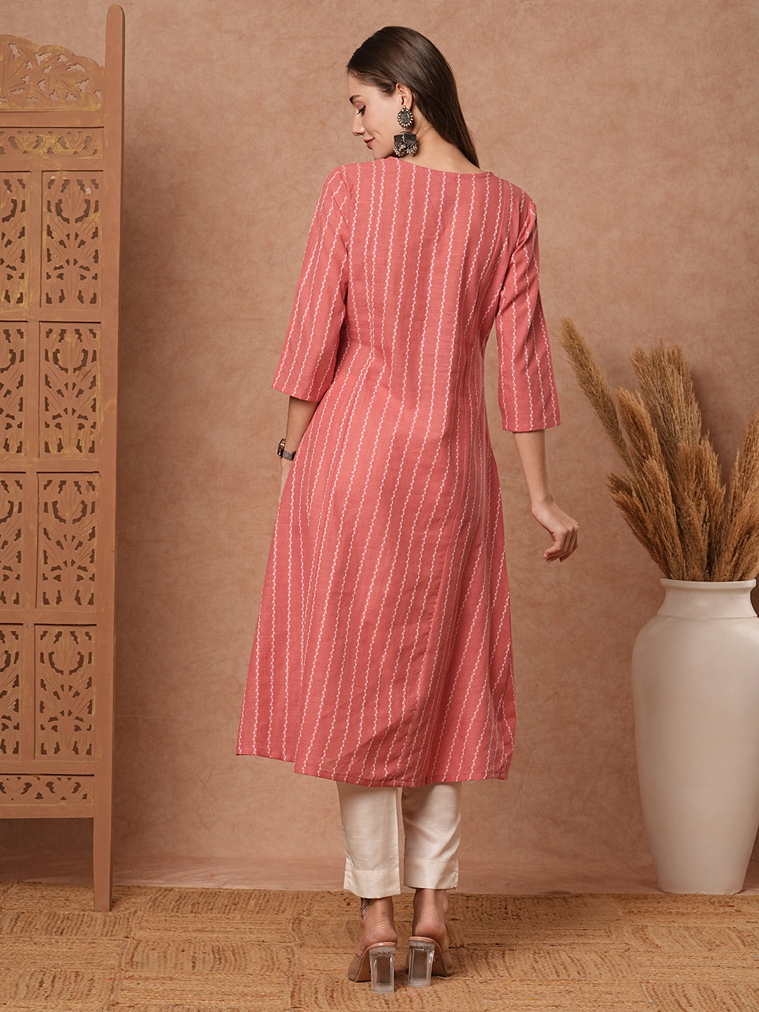 Woven Striped Pocket Detailing Paneled A-line Midi Dress - Pink