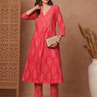 Ethnic Printed & Bead Embroidered A-Line Kurta with Pant - Peach