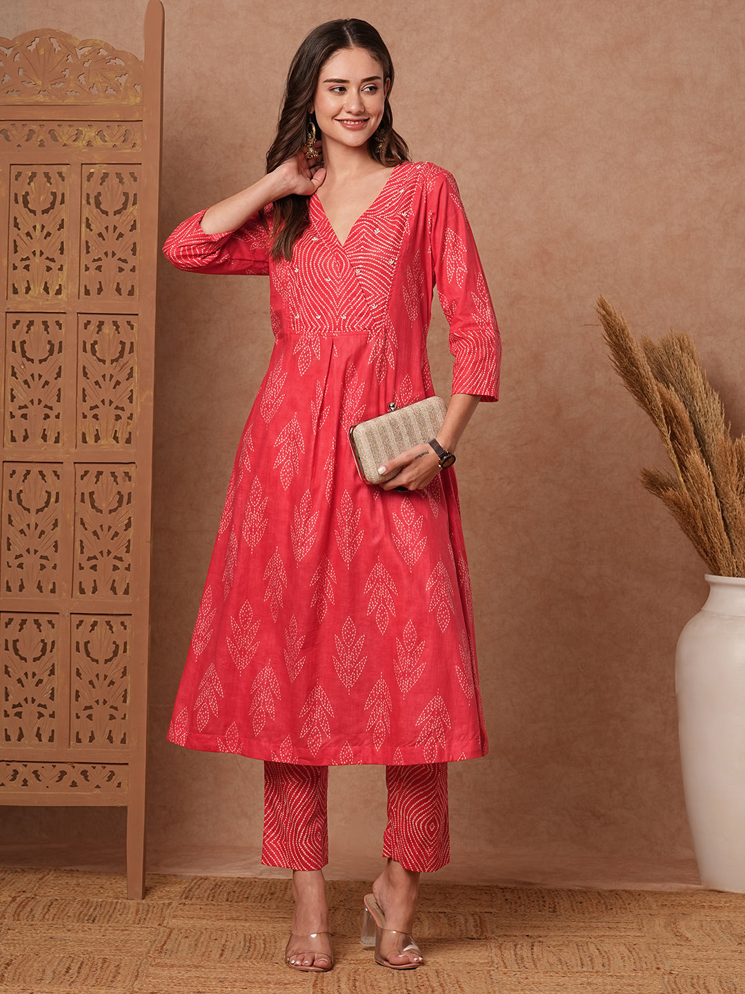 Ethnic Printed & Bead Embroidered A-Line Kurta with Pant - Peach