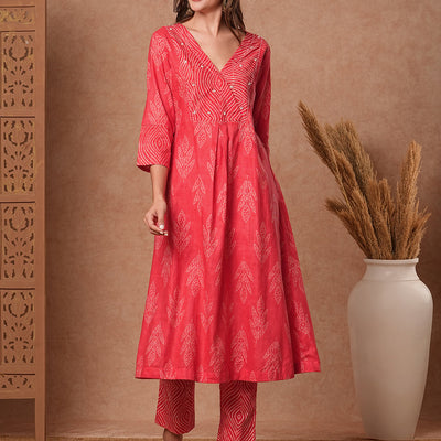 Ethnic Printed & Bead Embroidered A-Line Kurta with Pant - Peach