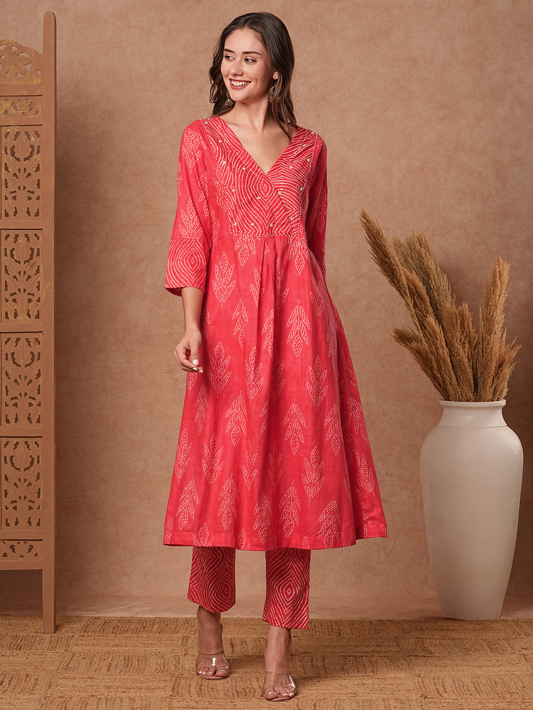 Ethnic Printed & Bead Embroidered A-Line Kurta with Pant - Peach