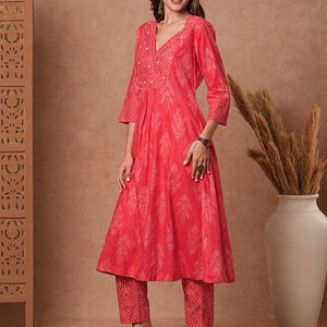 Ethnic Printed & Bead Embroidered A-Line Kurta with Pant - Peach