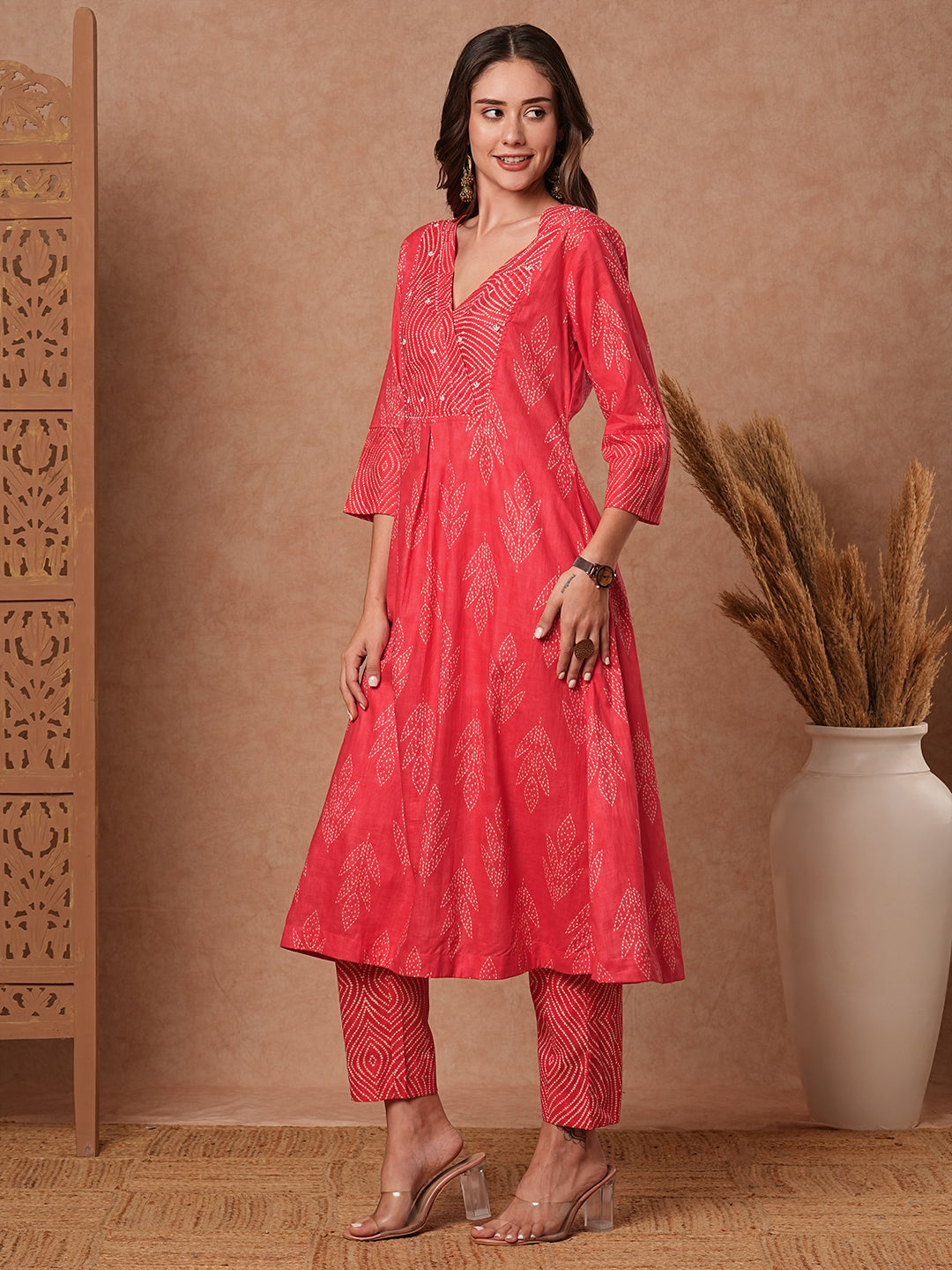 Ethnic Printed & Bead Embroidered A-Line Kurta with Pant - Peach