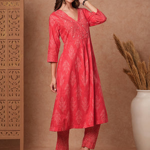 Ethnic Printed & Bead Embroidered A-Line Kurta with Pant - Peach