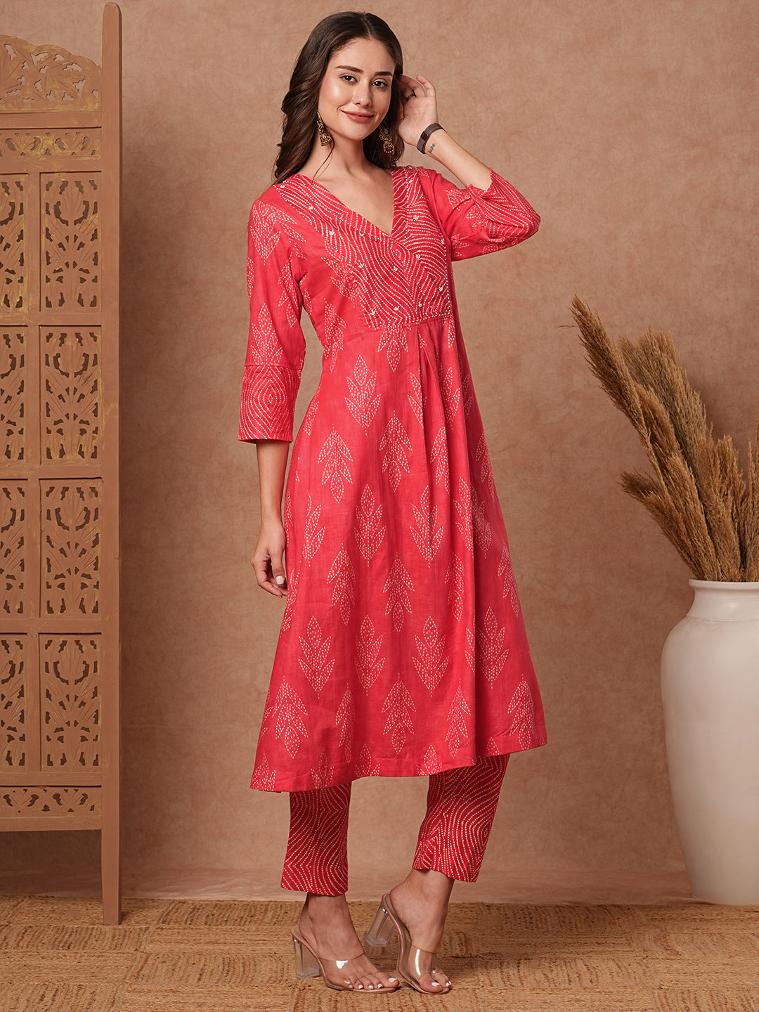 Ethnic Printed & Bead Embroidered A-Line Kurta with Pant - Peach