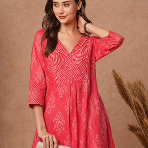 Ethnic Printed & Bead Embroidered A-Line Kurta with Pant - Peach