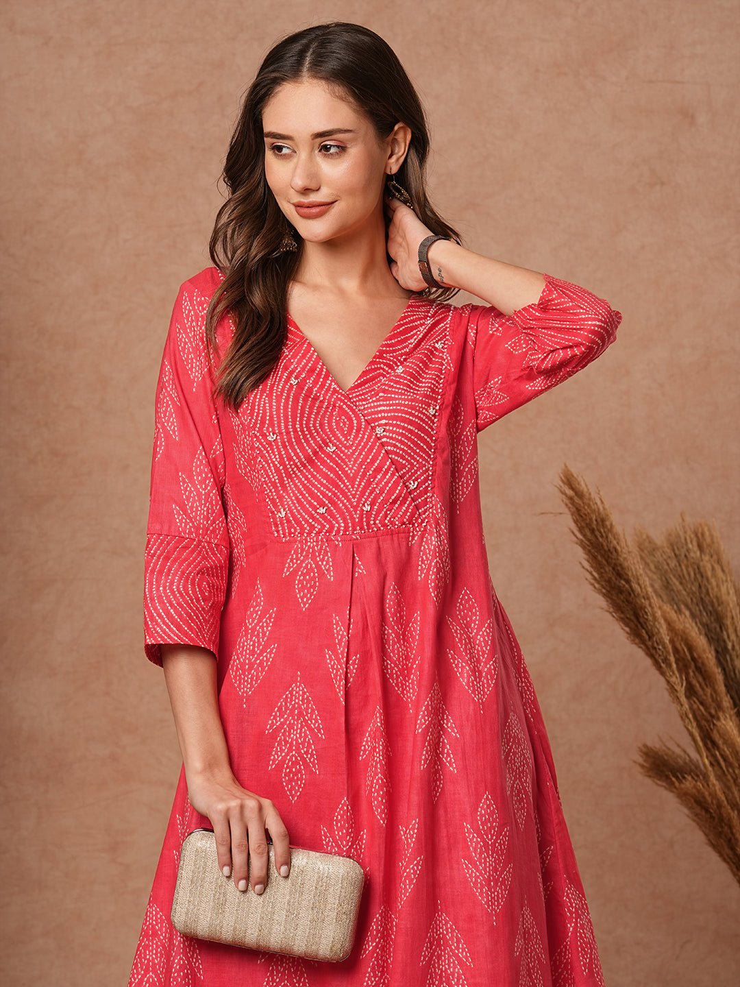 Ethnic Printed & Bead Embroidered A-Line Kurta with Pant - Peach