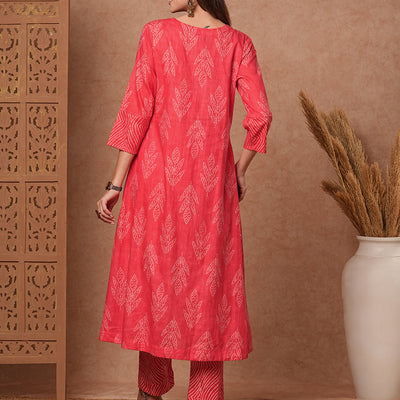 Ethnic Printed & Bead Embroidered A-Line Kurta with Pant - Peach